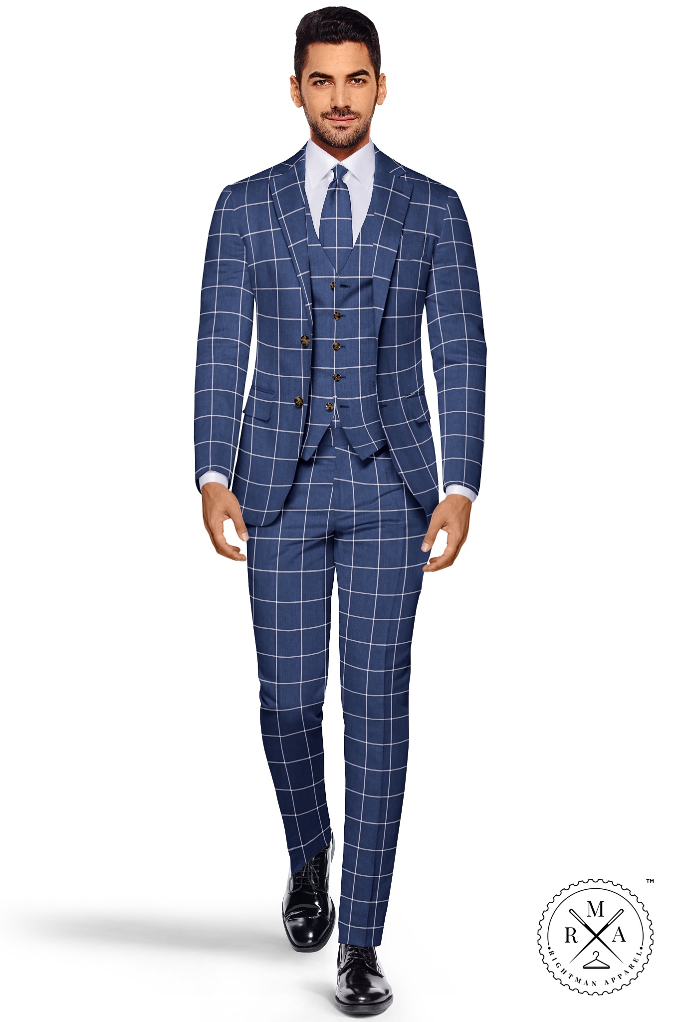 Blue Three Piece Suit With White Windowpane Checks SU43